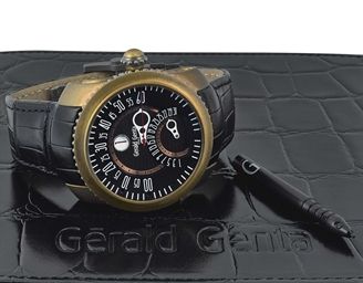 GERALD GENTA. A BRONZE AND TITANIUM AUTOMATIC JUMP HOUR WRISTWATCH WITH RETROGRADE MINUTES, DATE AND SWEEP CENTRE SECONDS