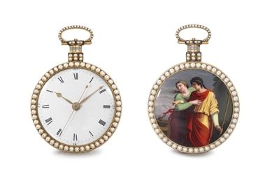 Ilbery. An exceptional 18K gold, enamel and pearl-set openface centre seconds duplex watch with enamel miniature in the manner of Jean-François-Victor Dupont, made for the Chinese market