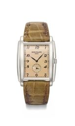 Patek Philippe. A fine 18K gold tonneau-shaped wristwatch with rose dial, Breguet numerals, original certificate and box