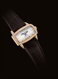 PATEK PHILIPPE. A LADY'S 18K PINK GOLD AND DIAMOND-SET RECTANGULAR WRISTWATCH WITH MOTHER-OF-PEARL DIAL