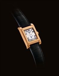 CARTIER. AN 18K PINK GOLD RECTANGULAR DUAL TIME WRISTWATCH
