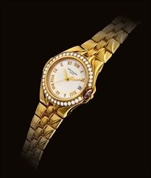 PATEK PHILIPPE. A FINE 18K GOLD AND DIAMOND-SET AUTOMATIC WRISTWATCH WITH SWEEP CENTRE SECONDS, DATE AND BRACELET