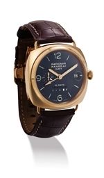 PANERAI. A FINE 18K PINK GOLD SPECIAL EDITION CUSHION-SHAPED AUTOMATIC DUAL TIME WRISTWATCH WITH 10 DAY POWER RESERVE, DAY AND NIGHT INDICATION AND DATE