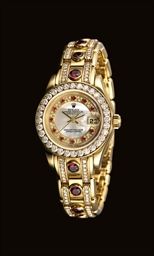 ROLEX. A LADY'S FINE AND RARE 18K GOLD, DIAMOND AND RUBY-SET AUTOMATIC WRISTWATCH WITH SWEEP CENTRE SECONDS, DATE, BRACELET AND MOTHER-OF-PEARL DIAL