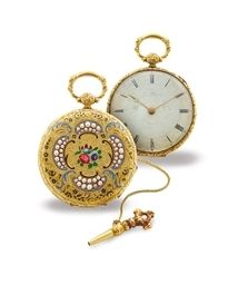 COURVOISIER FRÈ RES. A VERY FINE GOLD, ENAMEL AND SEED PEARL-SET OPENFACE KEYWOUND CYLINDER WATCH