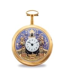 CHEVALIER & COCHET. A FINE, RARE AND ATTRACTIVE 18K PINK GOLD AND ENAMEL OPENFACE À TOC QUARTER REPEATING FIVE AUTOMATON VERGE WATCH