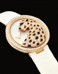 CARTIER. A LADY ’ S IMPRESSIVE AND VERY FINE 18K PINK GOLD, DIAMOND-SET AND BLACK LACQUER WRISTWATCH WITH MOTHER-OF-PEARL DIAL