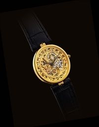 PATEK PHILIPPE. A FINE AND RARE 18K GOLD SKELETONISED WRISTWATCH