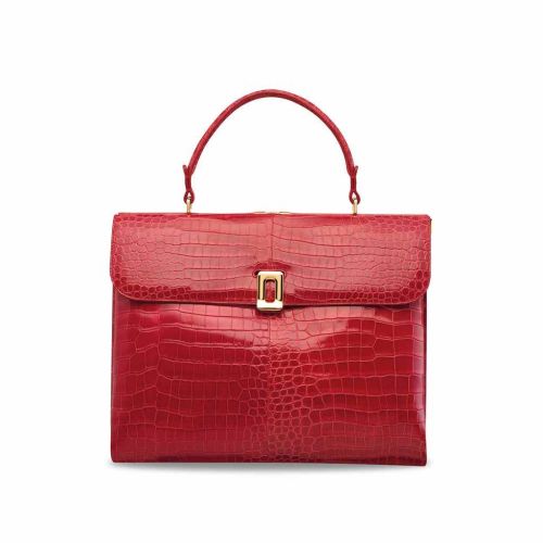 A SHINY RED CROCODILE MS VIVI BAG WITH GOLD HARDWARE