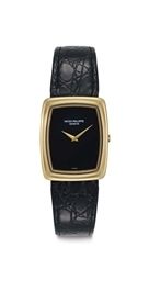 Patek Philippe. An 18k Gold Rectangular-shaped Wristwatch with Onyx Dial