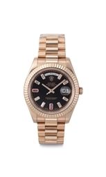 Rolex. An 18k Pink Gold, Ruby-set and Diamond-set Wristwatch with Day, Date and Bracelet