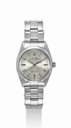 ROLEX. A FINE AND RARE STAINLESS STEEL AUTOMATIC WRISTWATCH WITH DEAD BEAT JUMP SECONDS AND BRACELET