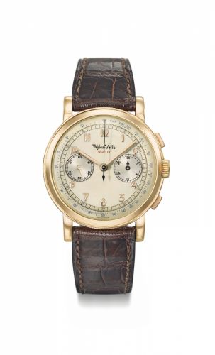 Wyler Vetta. A fine, large and attractive18K pink gold chronograph wristwatch with two-tone dial