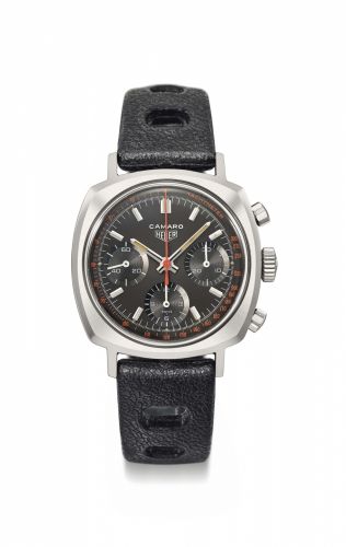 Heuer. A rare and fine stainless steel cushion-shaped chronograph wristwatch with tachymeter scale