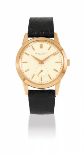 PATEK PHILIPPE. A FINE AND EXTREMELY RARE 18K PINK GOLD WRISTWATCH WITH ENAMEL DIAL
