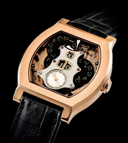F.P. JOURNE. A FINE AND RARE 18K PINK GOLD LIMITED EDITION TONNEAU-SHAPED SEMI-SKELETONISED JUMP HOUR WRISTWATCH WITH POWER RESERVE
