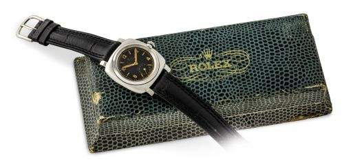 ROLEX. A RARE STAINLESS STEEL CUSHION-SHAPED WRISTWATCH