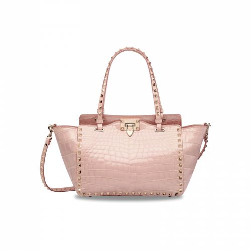 A SHINY BLUSH CROCODILE MEDIUM ROCKSTUD TOTE WITH GOLD HARDWARE