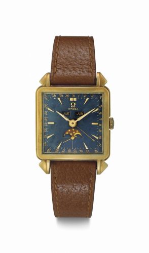 Omega. A Fine 18k Pink Gold Square-shaped Triple Calendar Wristwatch with Moon Phases and Black Dial