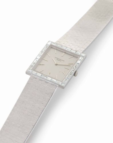 Patek Philippe. A Lady's Fine 18k White Gold and Diamond-set Square-shaped Bracelet Watch
