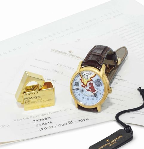Vacheron Constantin. A Fine 18k Gold Limited Edition Automatic Wristwatch with Geographic Enamel Dial, Wandering Hours and Power Reserve