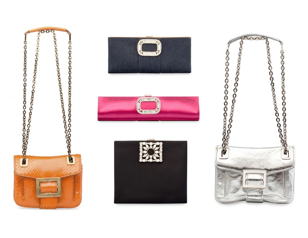 FIVE HANDBAGS: A DENIM & CRYSTAL PILGRIM CLUTCH, A FUCHSIA SATIN PILGRIM CLUTCH, A BLACK GROSGRAIN RENDEZ-VOUS EVENING BAG, A SILVER METALLIC LEATHER MICRO RESTYLING METRO BAG & AN ORANGE SNAKESKIN MICRO RESTYLING METRO BAG ROGER VIVIER, 2010s