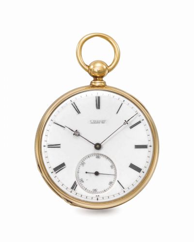 Charles Fasoldt. A fine and extremely rare 18K gold openface pocket chronometer with Fasoldt's patented double-wheel escapement