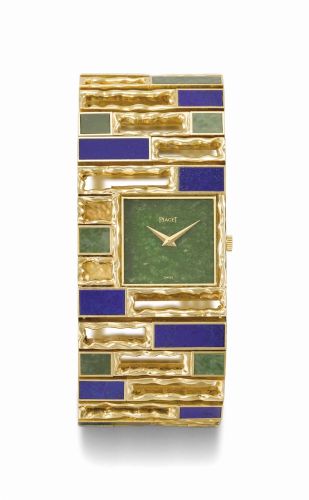 Piaget. A very rare and extremely elegant lady’s textured 18K gold, lapis lazuli and jade-set bracelet watch with concealed clasp