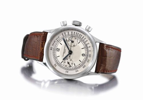 Vacheron Constantin. An extremely fine and unique platinum chronograph wristwatch with two-tone silvered dial with black hard enamel baton and Arabic numerals