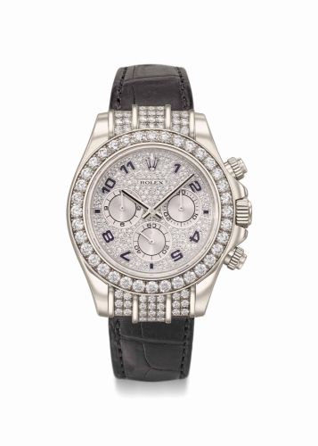 bROLEX. A VERY RARE AND IMPRESSIVE 18K WHITE GOLD AND DIAMOND-SET AUTOMATIC CHRONOGRAPH WRISTWATCH WITH PAVE-SET DIAMOND DIAL AND ENAMEL NUMERALS, WARRANTY AND BOX/b