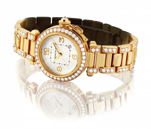 CARTIER. A LADY/bb’/bbS FINE 18K GOLD AND DIAMOND-SET AUTOMATIC WRISTWATCH WITH SWEEP CENTRE SECONDS, DATE AND BRACELET/b