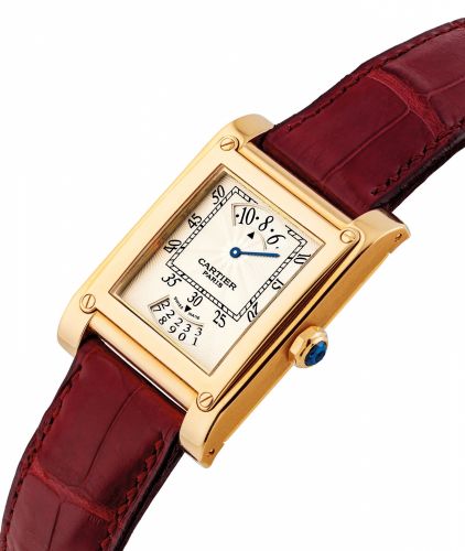 CARTIER. A FINE 18K PINK GOLD WRISTWATCH WITH JUMP HOUR AND DATE
