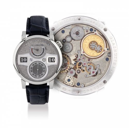 A. LANGE & SÖHNE. A VERY FINE AND EXTREMELY RARE PLATINUM LIMITED EDITION WRISTWATCH WITH DIGITAL TIME DISPLAY, POWER RESERVE, HACK FEATURE AND HAND-ENGRAVED DIAL/