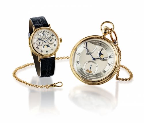BREGUET. AN EXTREMELY FINE SOUSCRIPTION SET OF 18K GOLD WATCHES COMPRISING OF A MINUTE REPEATING PERPETUAL CALENDAR WRISTWATCH AND AN AUTOMATIC OPENFACE KEYLESS LEVER WATCH WITH INSTANTANEOUS CALENDAR, POWER RESERVE AND MOON PHASES