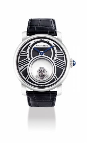 CARTIER. AN EXTREMELY FINE AND VERY RARE PLATINUM MYSTERY DOUBLE TOURBILLON WRISTWATCH 