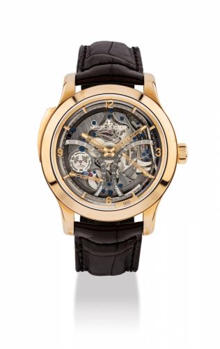 JAEGER-LECOULTRE. A FINE 18K PINK GOLD LIMITED EDITION SKELETONISED MINUTE REPEATING WRISTWATCH WITH 15 DAY POWER RESERVE AND SPRING TORQUE INDICATION