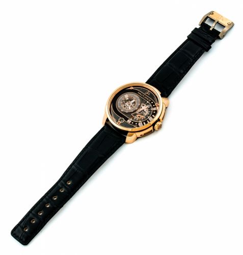 HAUTLENCE. AN 18K PINK GOLD AND DLC COATED TITANIUN SKELETONISED JUMP HOUR WRISTWATCH WITH RETROGRADE MINUTES AND DATE/bb