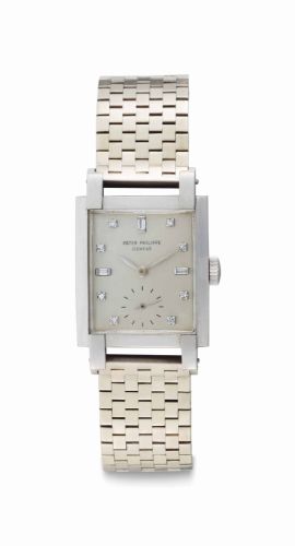 Patek Philippe. A Fine and Rare Platinum and Diamond-set Rectangular-shaped Wristwatch with Bracelet