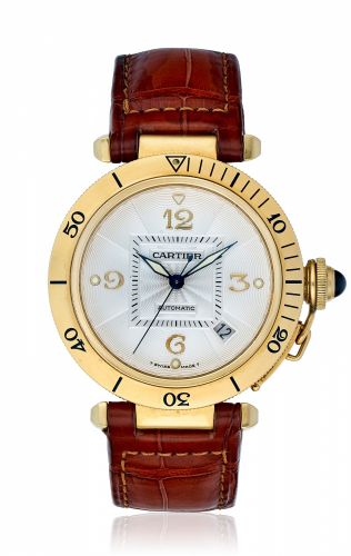 CARTIER, 18K PASHA WITH DATE AND BRACELET, REF/ 2392