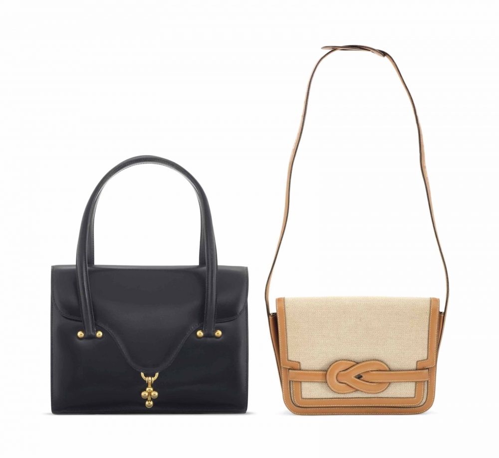 SAC LOTO EN VEAU BOX NOIR, GARNITURE EN MÉTAL DORÉSAC DIANE EN VEAU BOX GOLD & TOILE