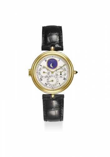 GERALD GENTA. A FINE AND RARE 18K GOLD AUTOMATIC WRISTWATCH WITH MINUTE REPEATER, PERPETUAL CALENDAR, MOON PHASES, LEAP YEAR INDICATION AND DETACHABLE SIGNED BRACELET