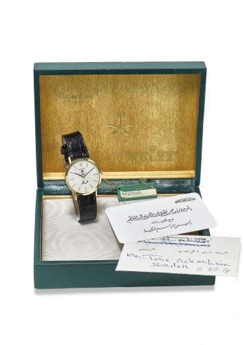 ROLEX. A VERY FINE AND RARE 18K GOLD WRISTWATCH, MADE FOR PRINCE KHALID BIN ABDULLAH BIN ABDULAZIZ AL SAUD, WITH ROYAL INVITATION AND BOX