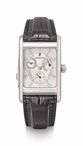 Audemars Piguet. A very fine and rare limited edition platinum rectangular carillon minute repeating wristwatch with power reserve, certificate and box