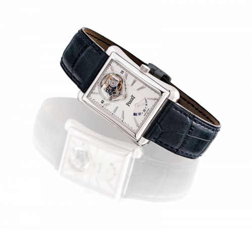 PIAGET. A FINE 18K WHITE GOLD RECTANGULAR TOURBILLON WRISTWATCH WITH POWER RESERVE