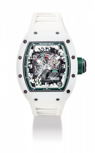 RICHARD MILLE. A FINE AND RARE WHITE CERAMIC AND TITANIUM LIMITED EDITION AUTOMATIC SKELETONISED WRISTWATCH WITH SWEEP CENTRE SECONDS, DATE, POWER RESERVE AND 24 HOUR INDICATION