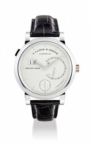 A. LANGE & SÖHNE. A FINE AND RARE PLATINUM WRISTWATCH WITH 31 DAY POWER RESERVE, REVOLUTIONARY KEY WINDING MECHANISM, DATE AND HACK FEATURE