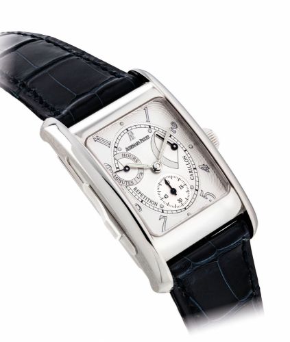 AUDEMARS PIGUET. A FINE AND EXTREMELY RARE PLATINUM LIMITED EDITION RECTANGULAR CARILLON MINUTE REPEATING WRISTWATCH WITH POWER RESERVE