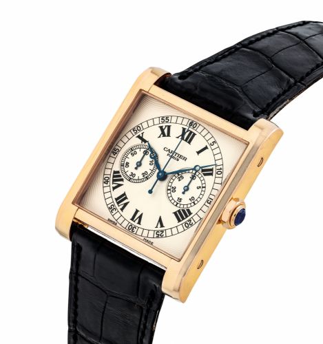 CARTIER. A FINE AND RARE 18K PINK GOLD LIMITED EDITION SQUARE SINGLE PUSHER CHRONOGRAPH WRISTWATCH