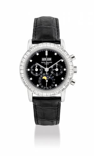 PATEK PHILIPPE. A VERY FINE AND EXTREMELY RARE PLATINUM AND DIAMOND-SET PERPETUAL CALENDAR CHRONOGRAPH WRISTWATCH WITH MOON PHASES, 24-HOUR AND LEAP YEAR INDICATION
