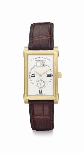 A. Lange & Söhne. A Fine 18k Gold Rectangular-shaped Wristwatch with Date